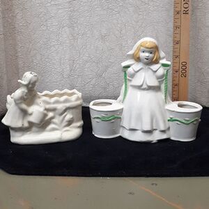Vintage Dutch Girl Ceramic Toothpick Matchstick holder,Girl watering flower vase